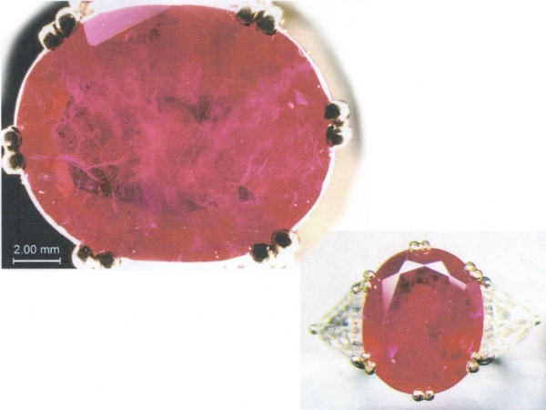 An oval 8 carat ruby ring and its inclusions